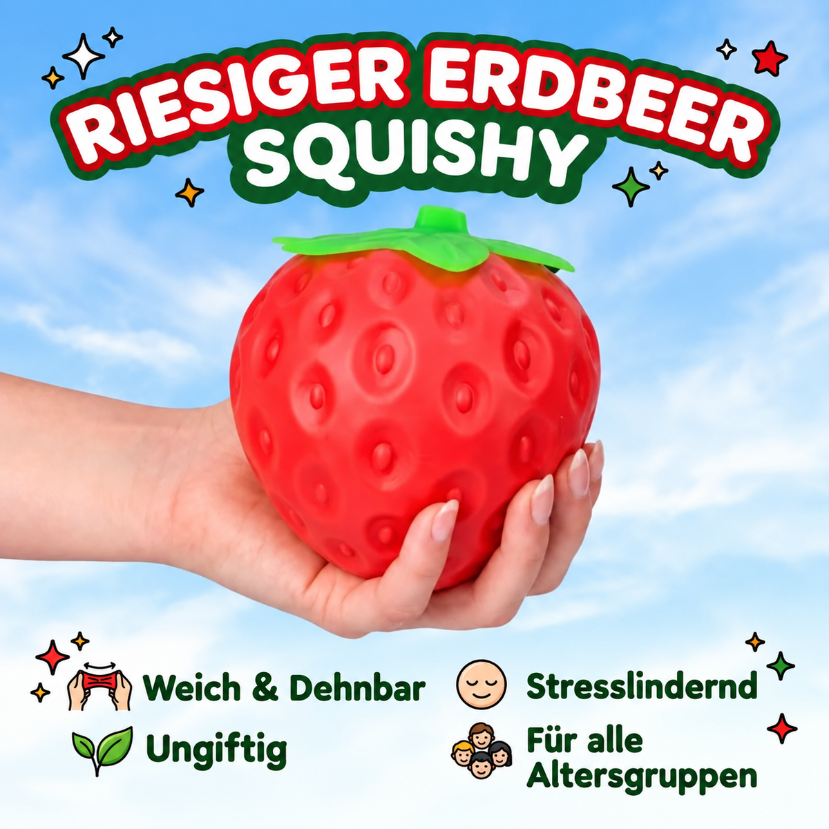 Erdbeer-Knautschball – weiches Fidget-Spielzeug für Kinder 🍓✨