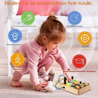 Montessori Busy Board aus Holz mit LED Lichtern | Sensorisches Lernspiel für Motorik und Konzentration