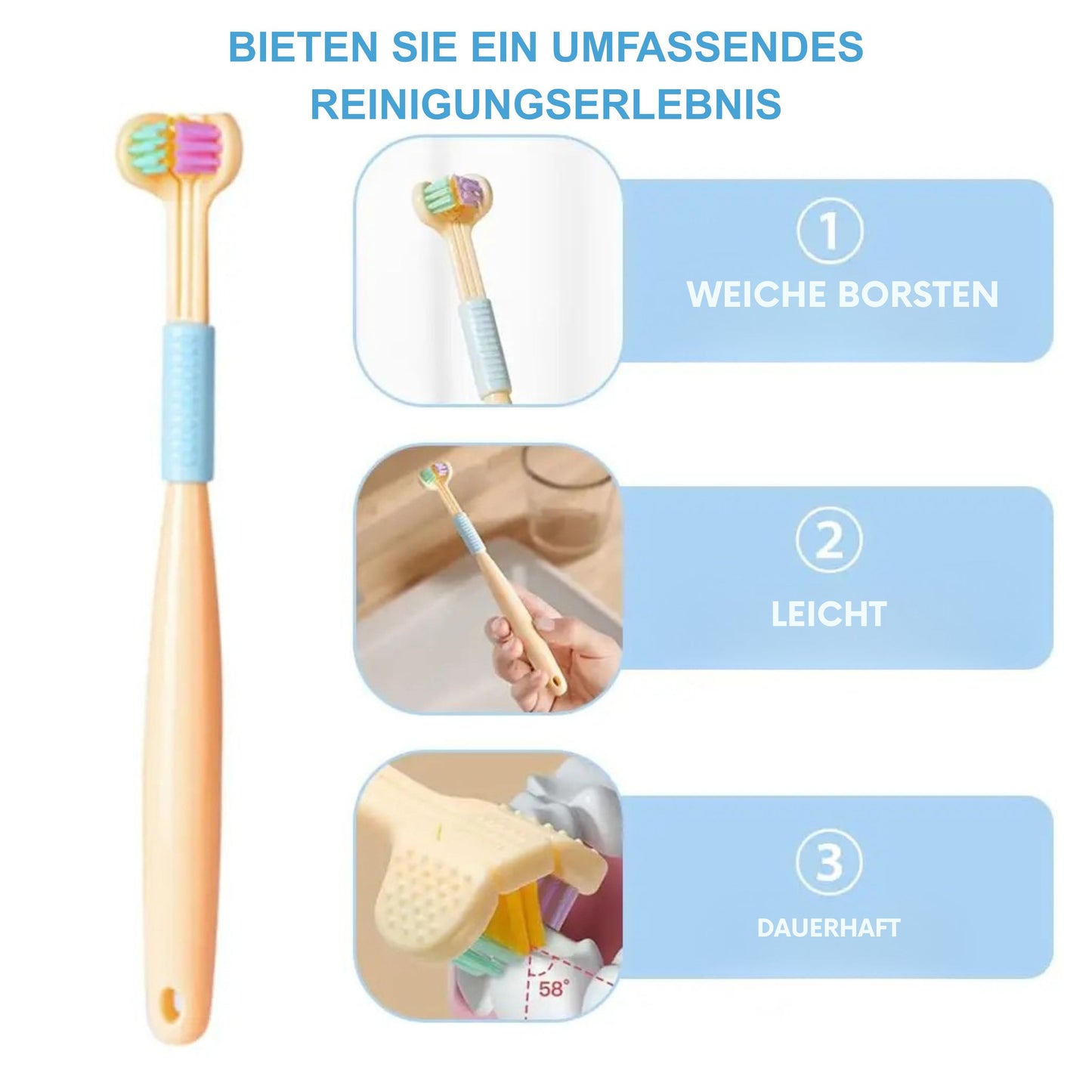 3-Seiten-Kopf Kinder Zahnbürste