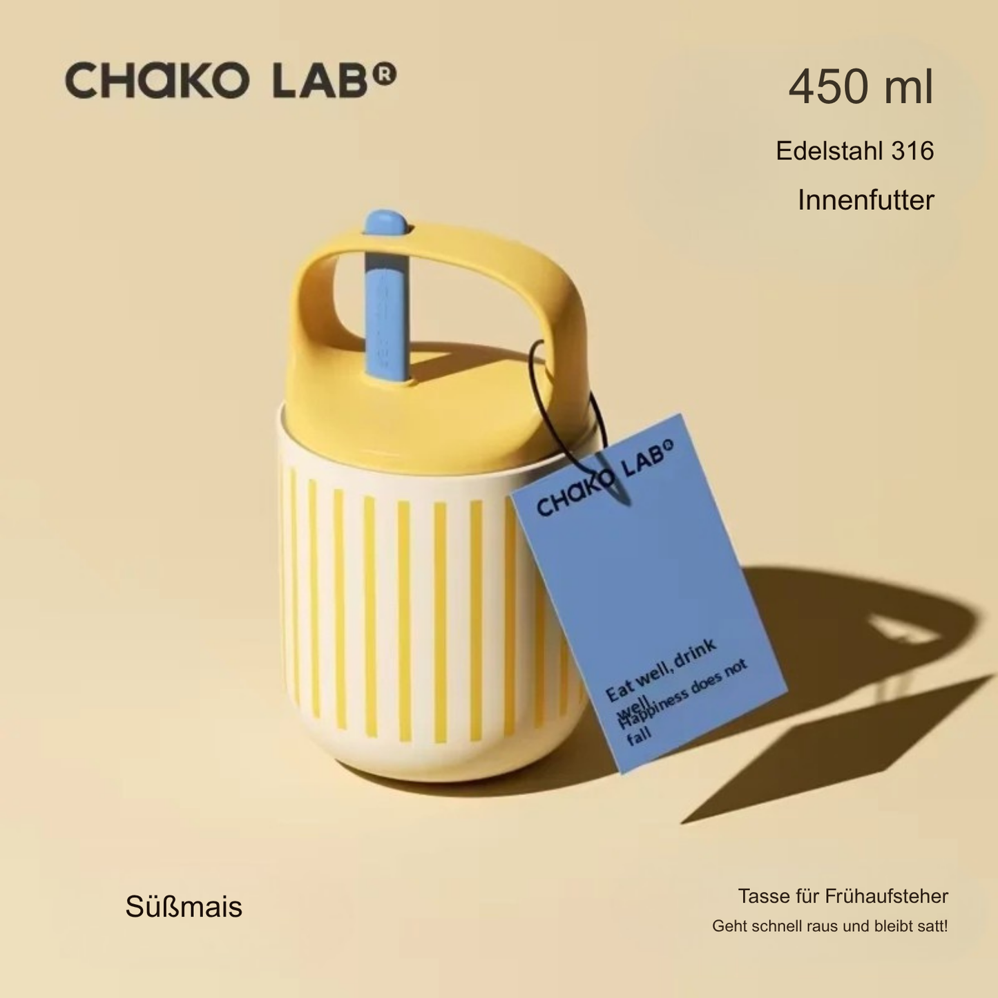 Chakolab 450ML Edelstahl Frühstücksbecher mit Deckel & Löffel | Isolierter Thermobehälter für Büro & unterwegs