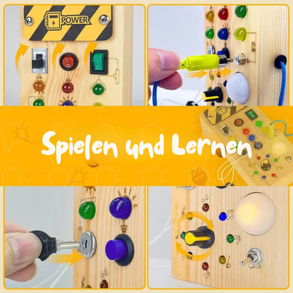 Montessori Busy Board aus Holz mit LED Lichtern | Sensorisches Lernspiel für Motorik und Konzentration