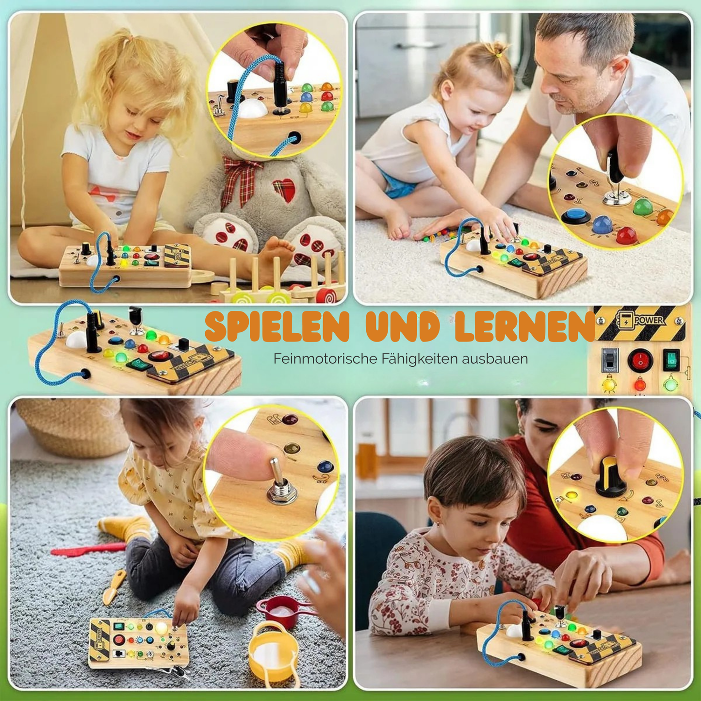 Montessori Busy Board aus Holz mit LED Lichtern | Sensorisches Lernspiel für Motorik und Konzentration