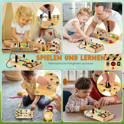 Montessori Busy Board aus Holz mit LED Lichtern | Sensorisches Lernspiel für Motorik und Konzentration