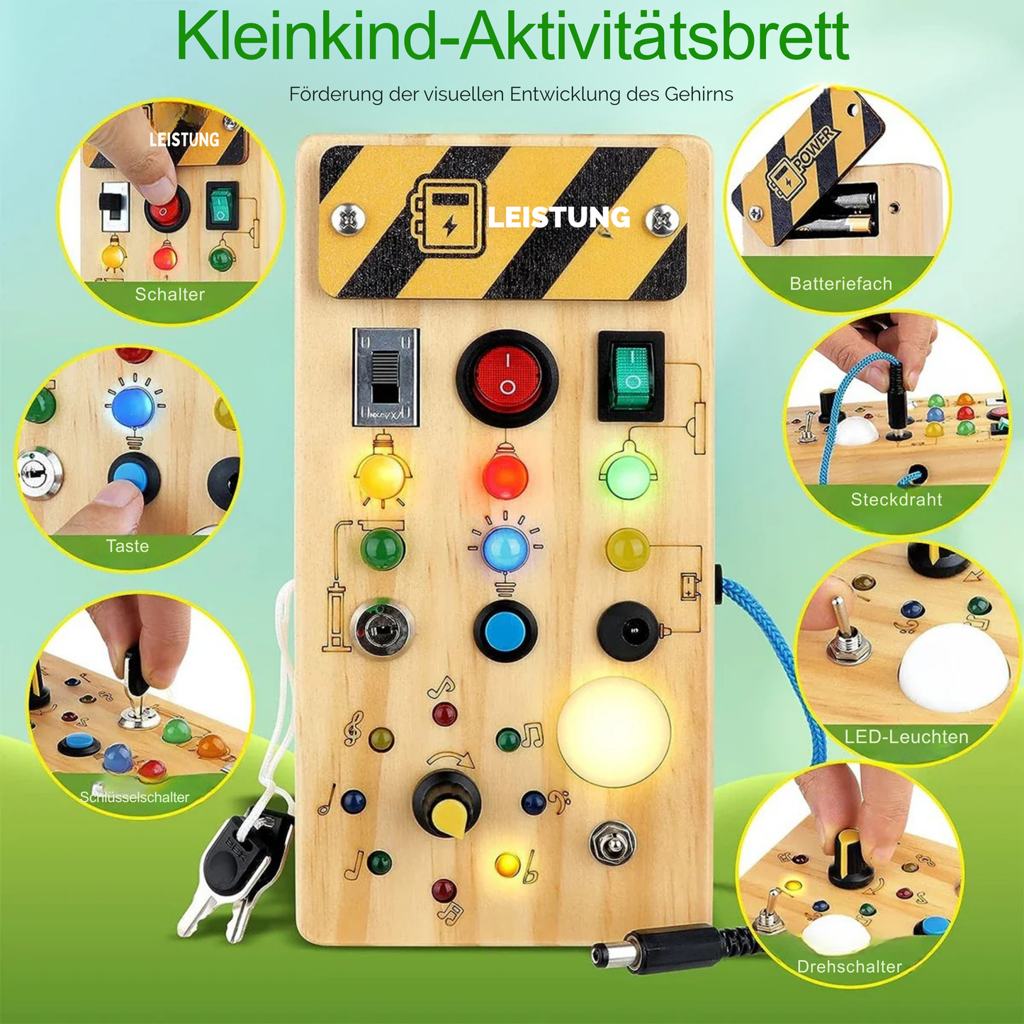 Montessori Busy Board aus Holz mit LED Lichtern | Sensorisches Lernspiel für Motorik und Konzentration