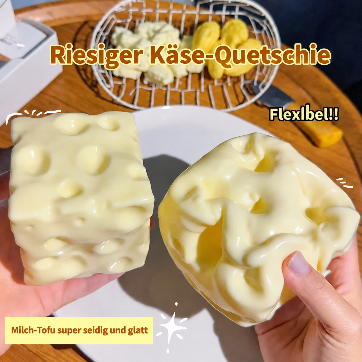 Riesen-Käsewürfel Antistressball – großes Knautsch- & Fidget-Spielzeug 🧀✨
