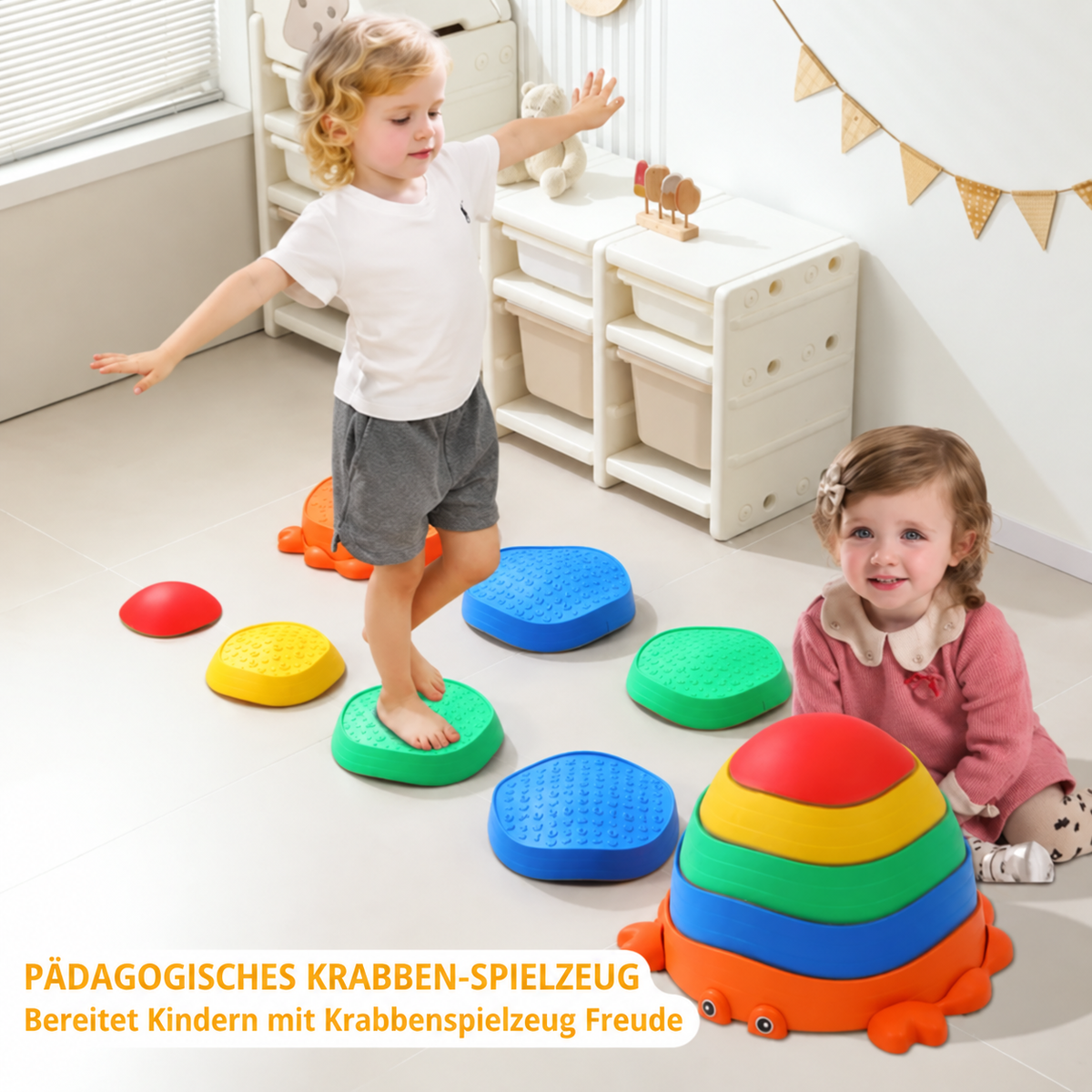 5 Krabben-Trittsteine – Balance- & Parcours-Spiel 🦀🌈