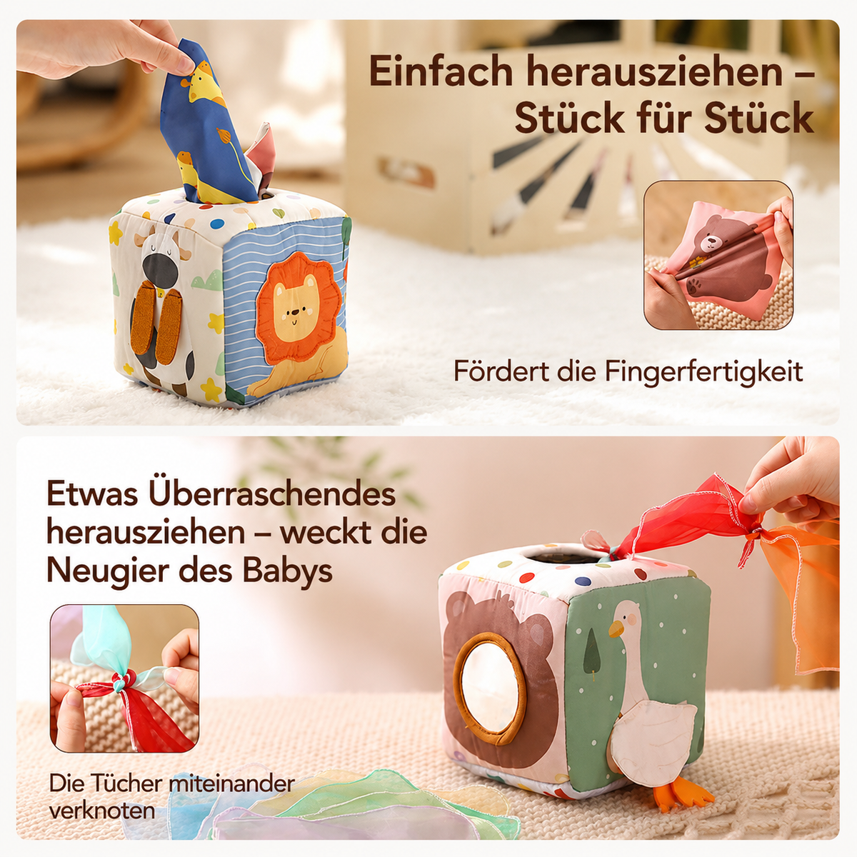 Kleine Entdecker Montessori-Sensorik-Taschentuchbox