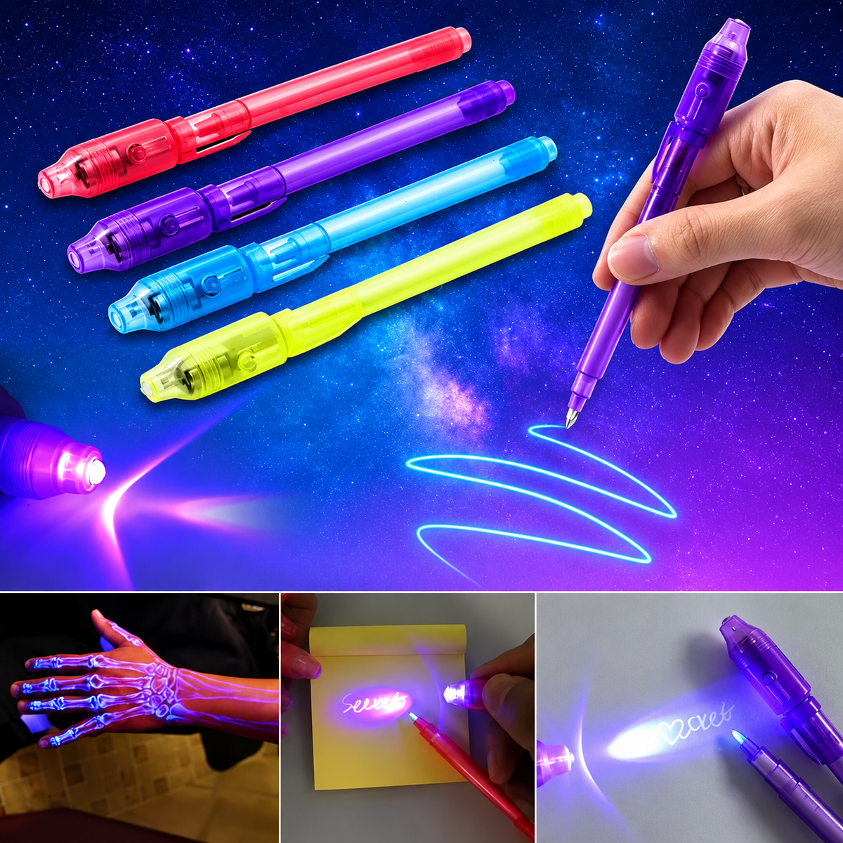 Geheimstifte mit unsichtbarer Tinte und UV-Licht (7 Farben)