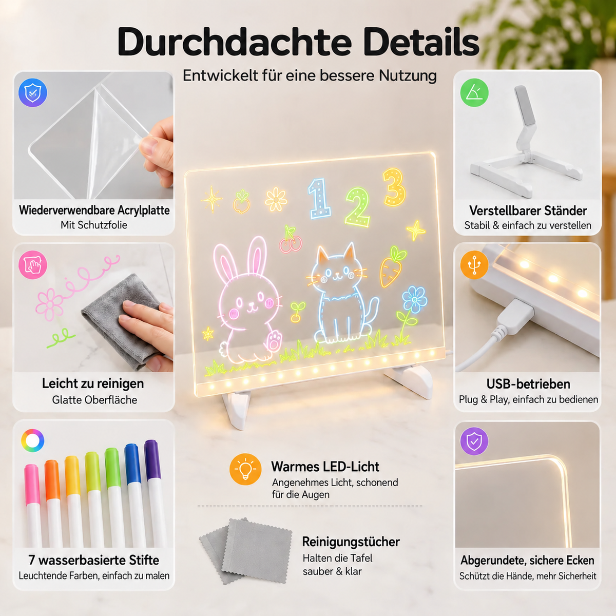 LED-Mal- & Nachrichtentafel aus Acryl für Kinder