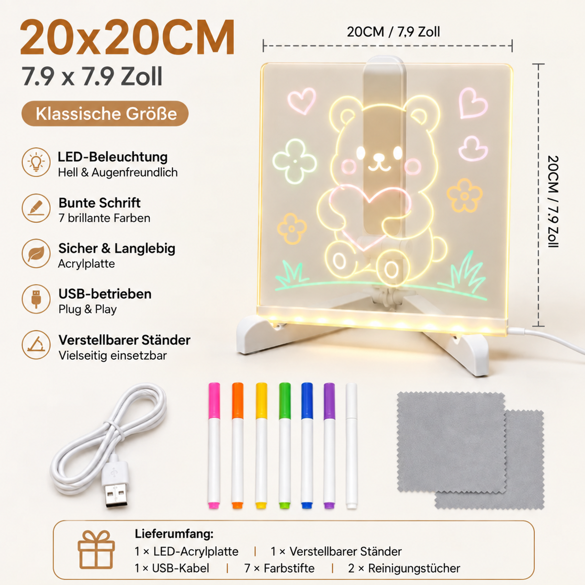 LED-Mal- & Nachrichtentafel aus Acryl für Kinder