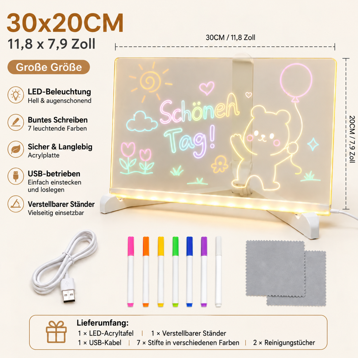 LED-Mal- & Nachrichtentafel aus Acryl für Kinder