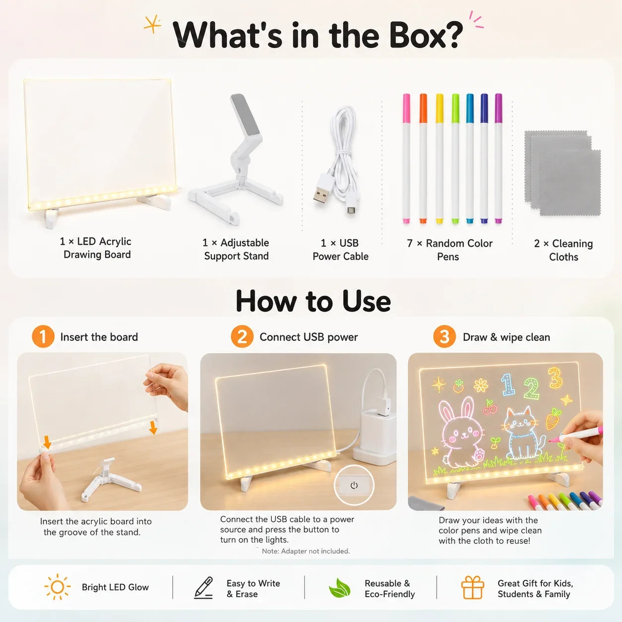 LED-Mal- & Nachrichtentafel aus Acryl für Kinder