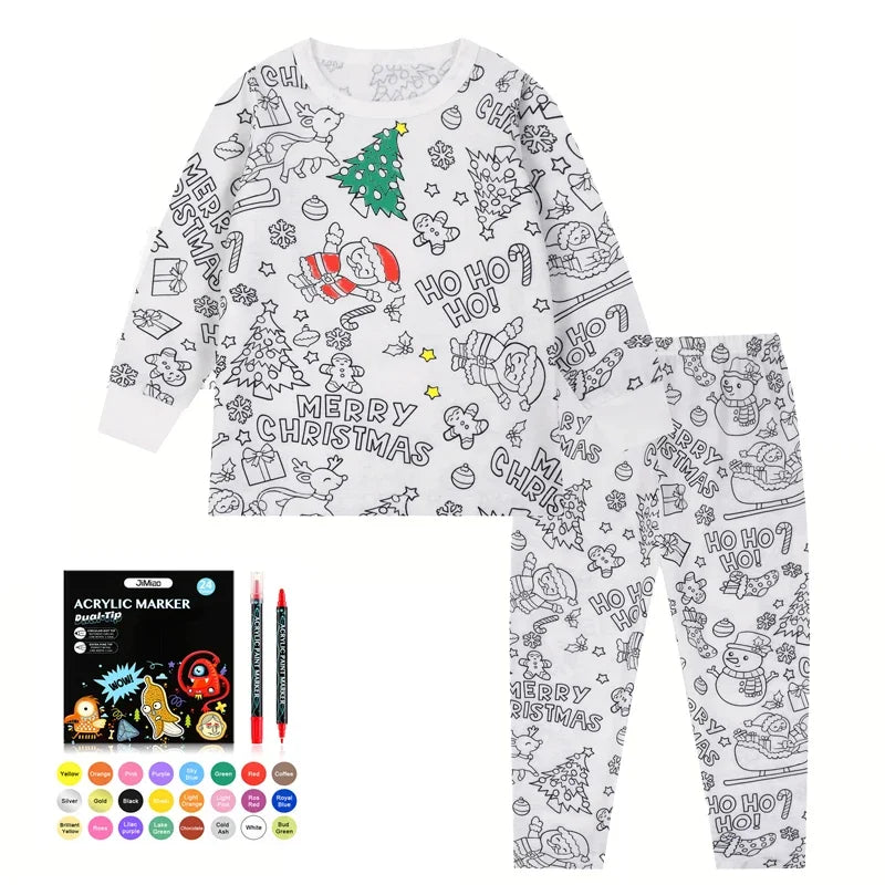 Weihnachtsschlafanzug zum Selbstanmalen – 2-teiliges Kinderset 🎄🎨