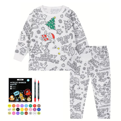 Weihnachtsschlafanzug zum Selbstanmalen – 2-teiliges Kinderset 🎄🎨