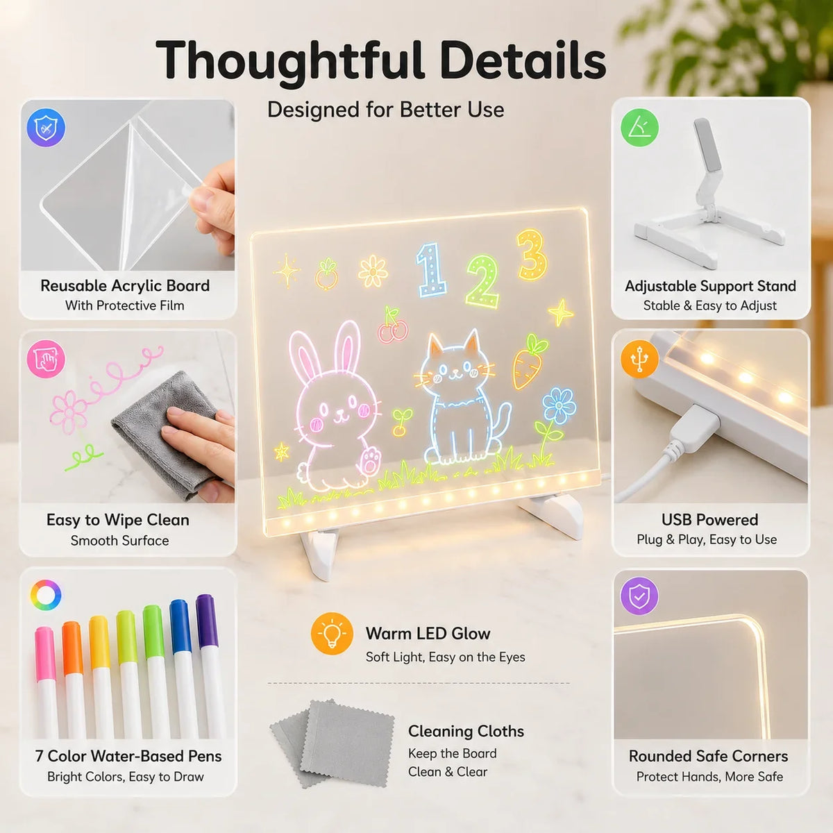 LED-Mal- & Nachrichtentafel aus Acryl für Kinder