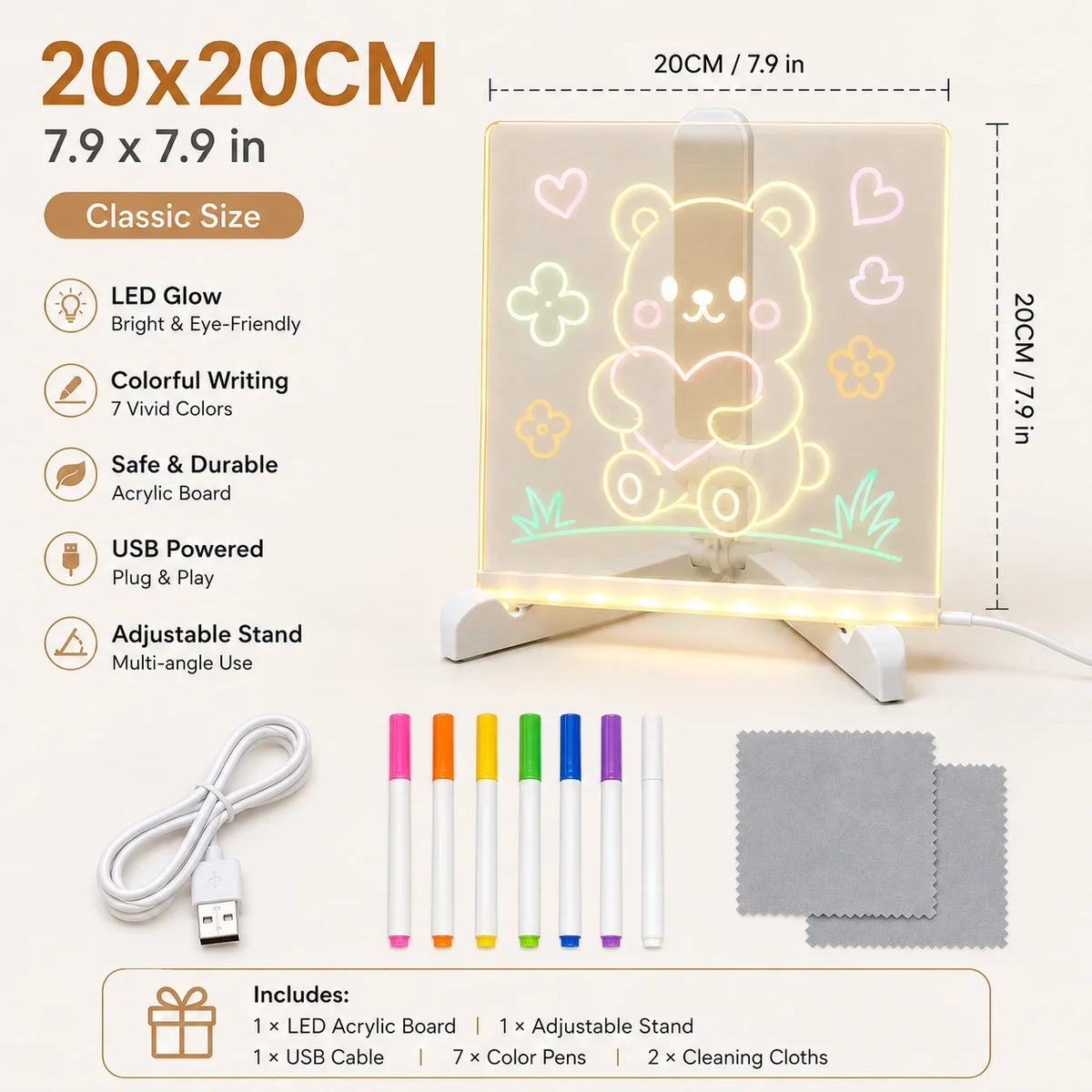 LED-Mal- & Nachrichtentafel aus Acryl für Kinder